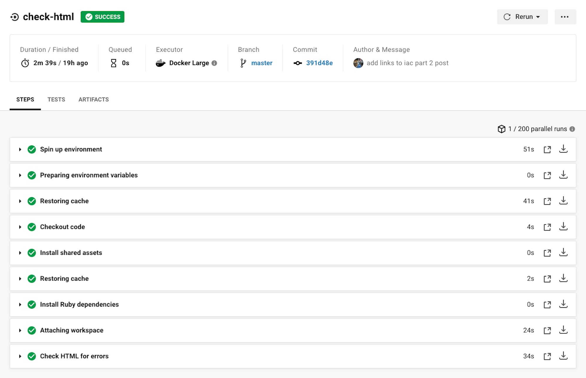 An image of steps from CircleCI's UI