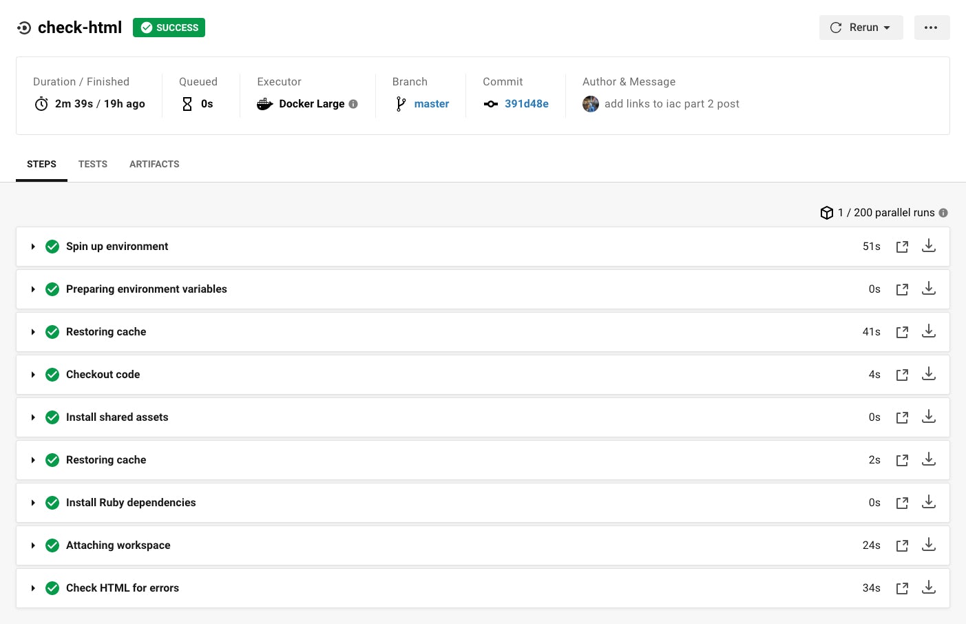 An image of steps from CircleCI's UI